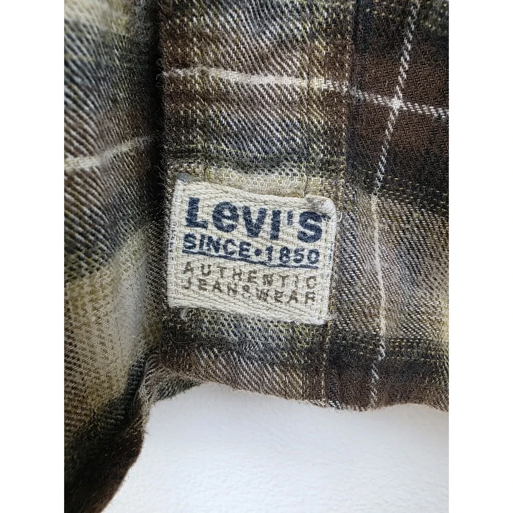 Levis Shirt Mens Large Brown Beige Plaid Button Up Flannel Western Workwear Warm